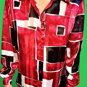 Women Red Abstract Long Sleeve Button-up Blouse